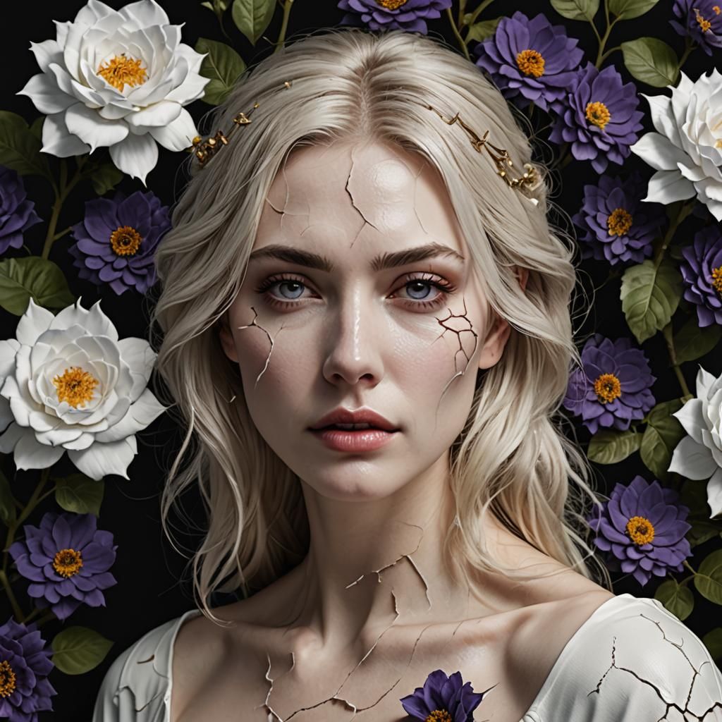 Cracked Porcelain Beauty Amidst Dark Blooms