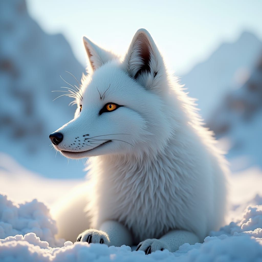 White Fox Portrait in Snowy Mountains, Digital Matte Paintin...