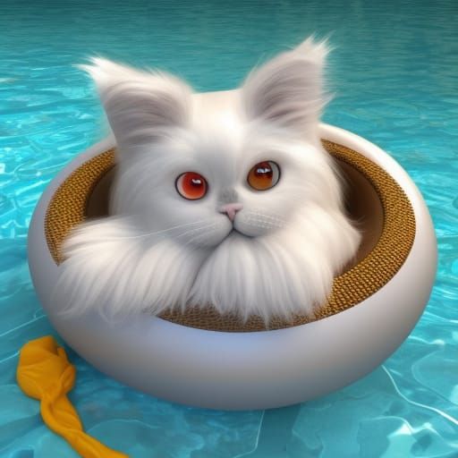 Cute White Persian Cat Floating in a Pool