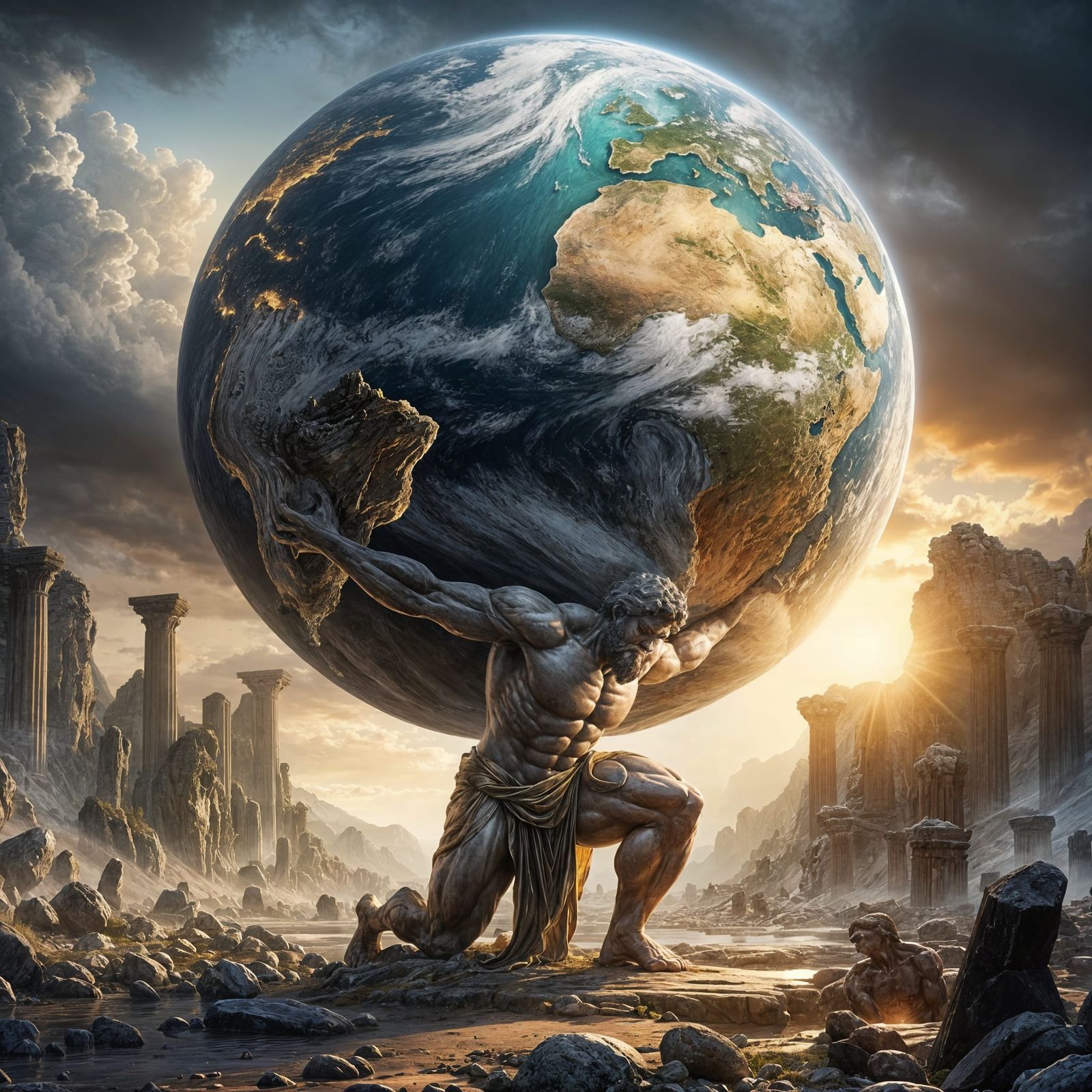Atlas Bearing the Earth in Dramatic Concept Art
