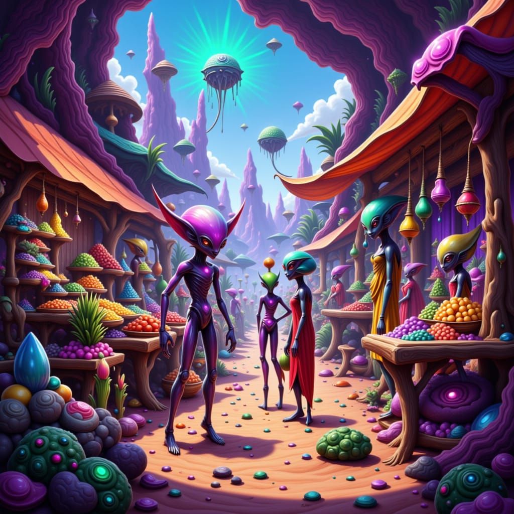 Bustling Alien Market on Desert Planet