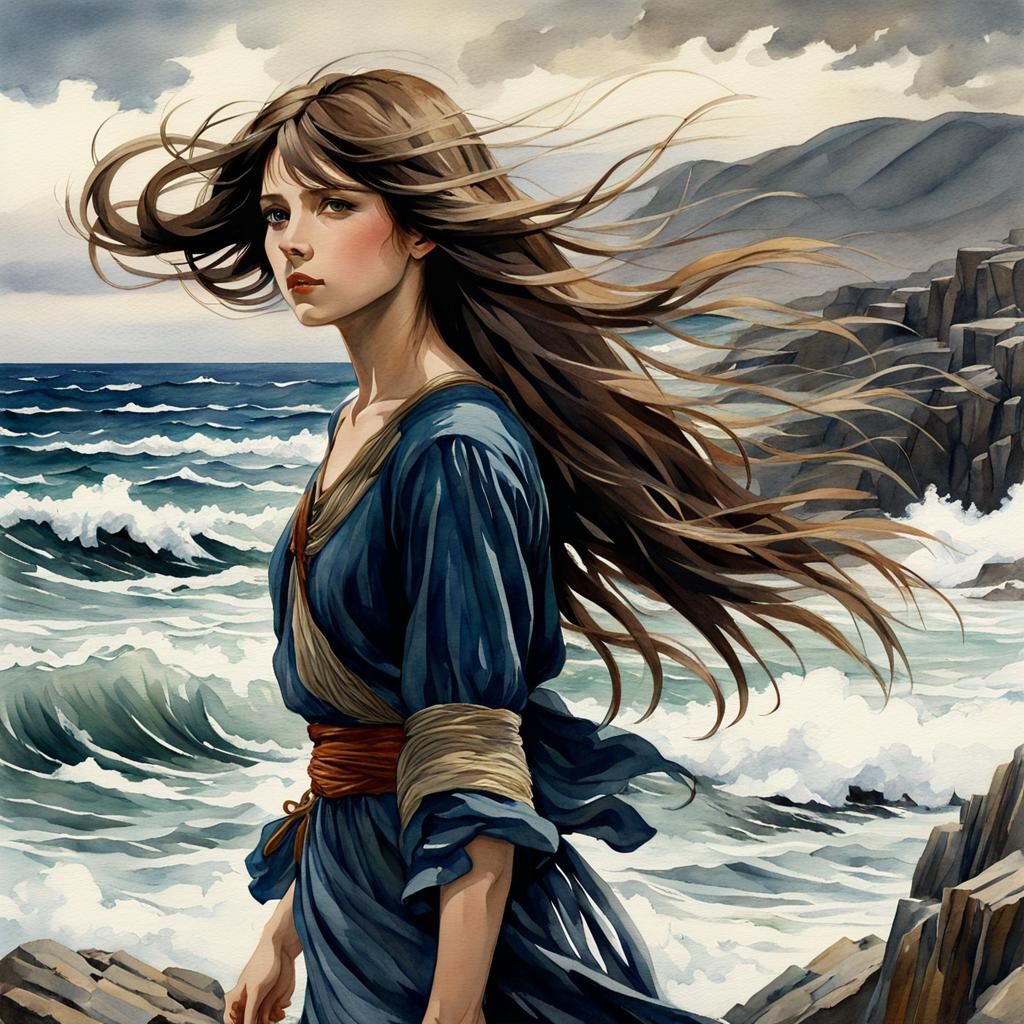 Woman with Wind-Blown Hair: Watercolor Seascape