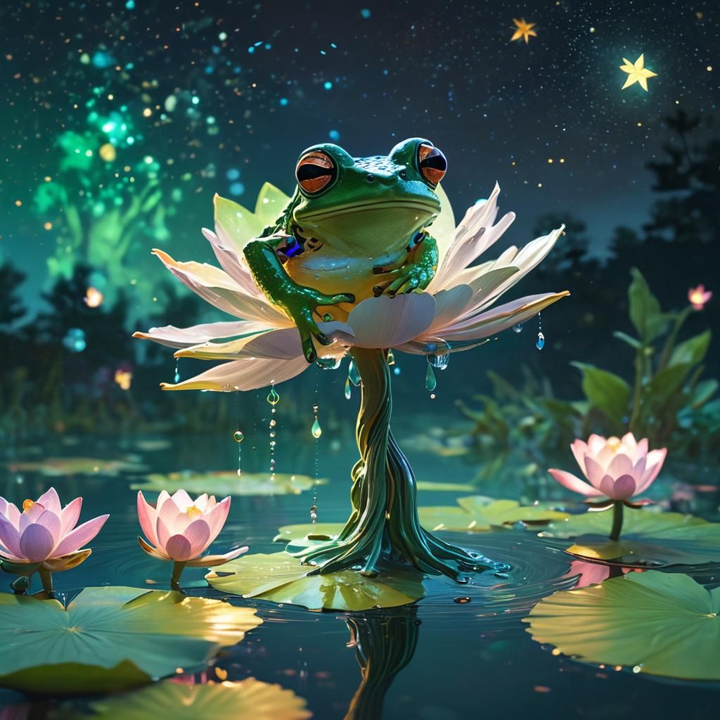 Green Crystal Frog Leaps Over Lotus, Digital Art