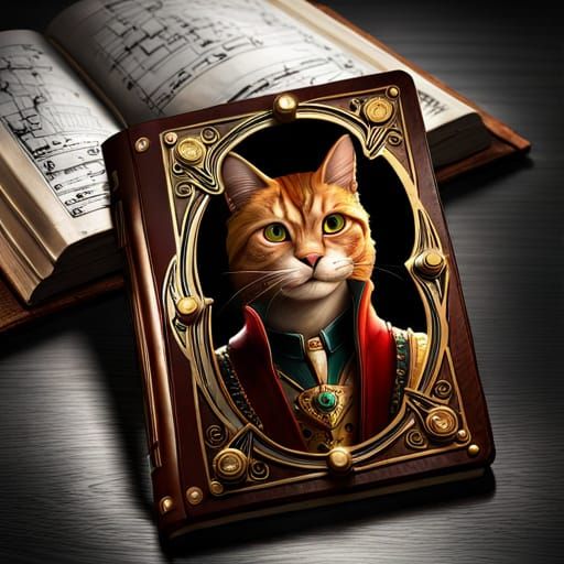 Ornate Book Cover with Cat Portrait in Fantasy Style