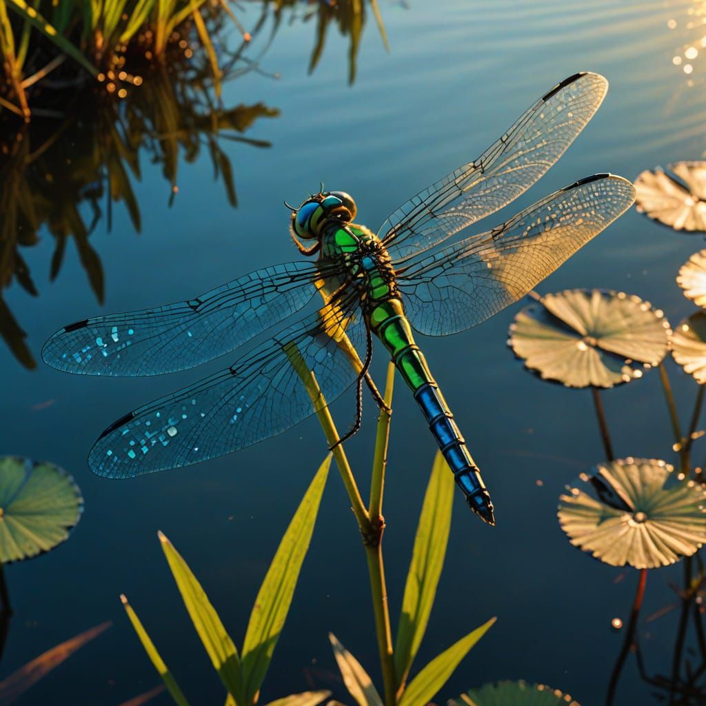 Macro Photo Of Bioluminescent Dragonfly At Sunset