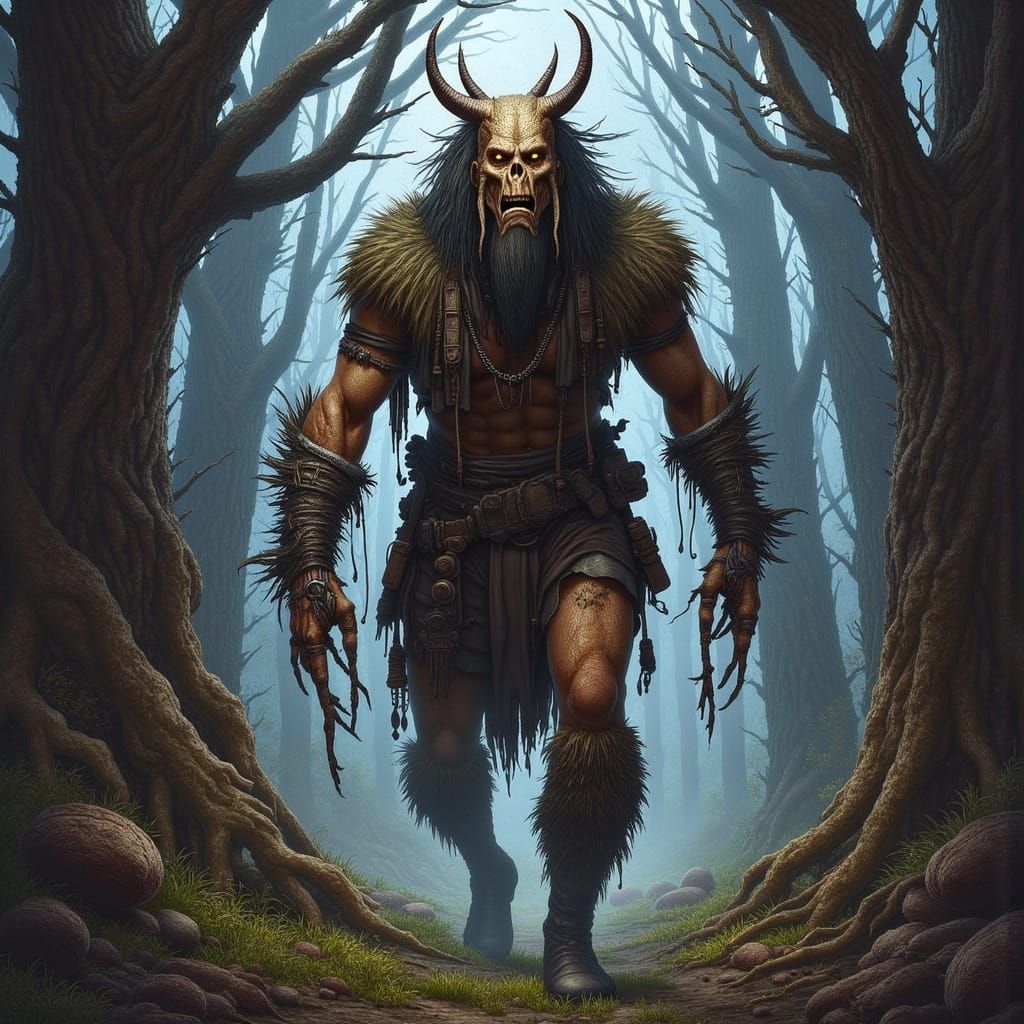 Terrifying Wendigo in Dark Forest, Oil Painting Style