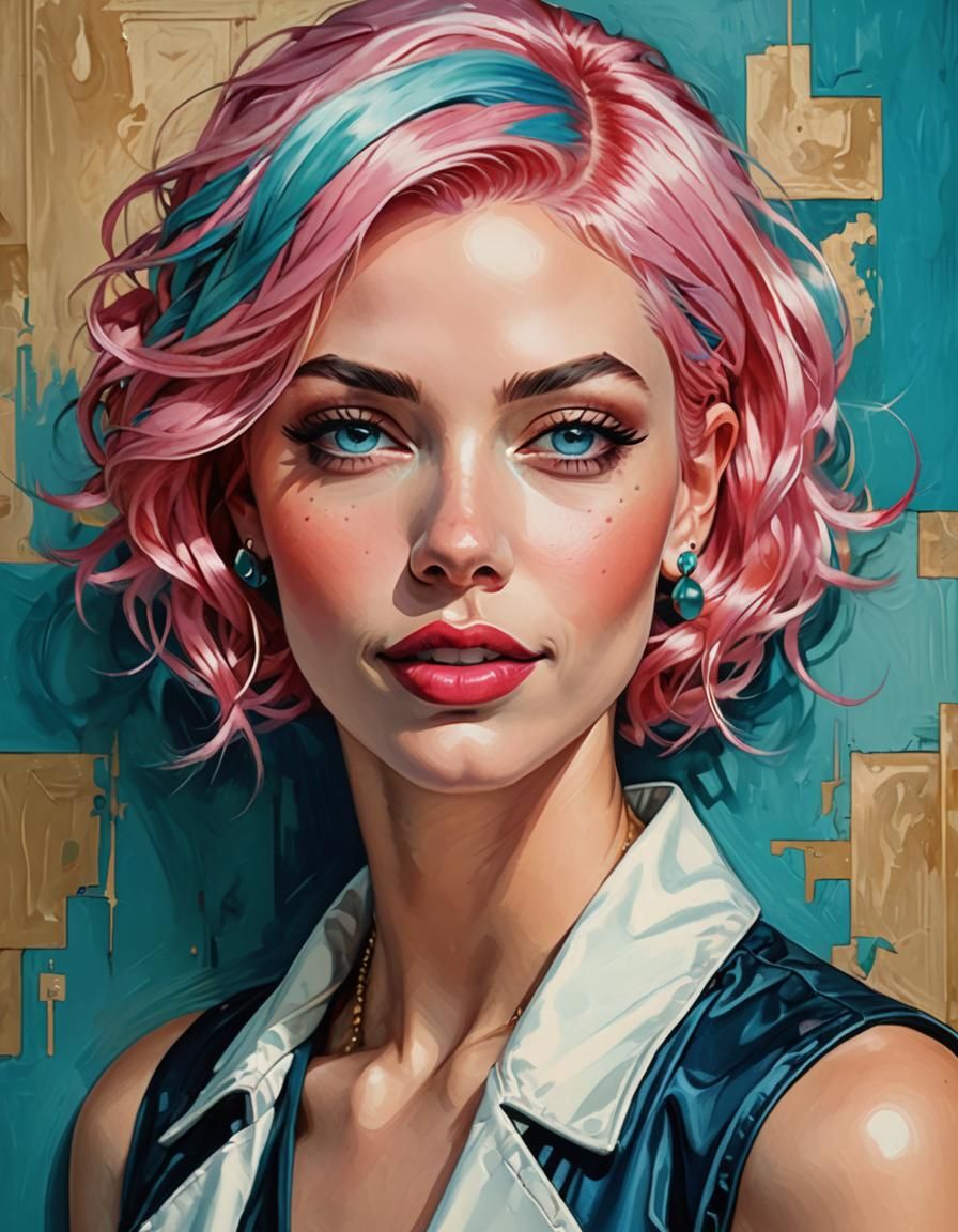 Beautiful Woman with Pink Hair in Leyendecker Style