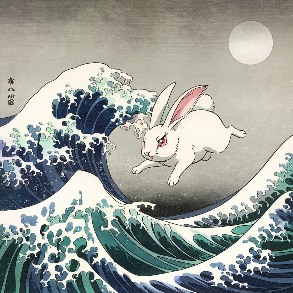 Surreal Hare Leaps Over Waves in Bold Minimalist Woodblock S...