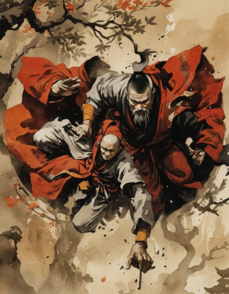 Shaolin Monks and Ninjas in Misty Temple Courtyard