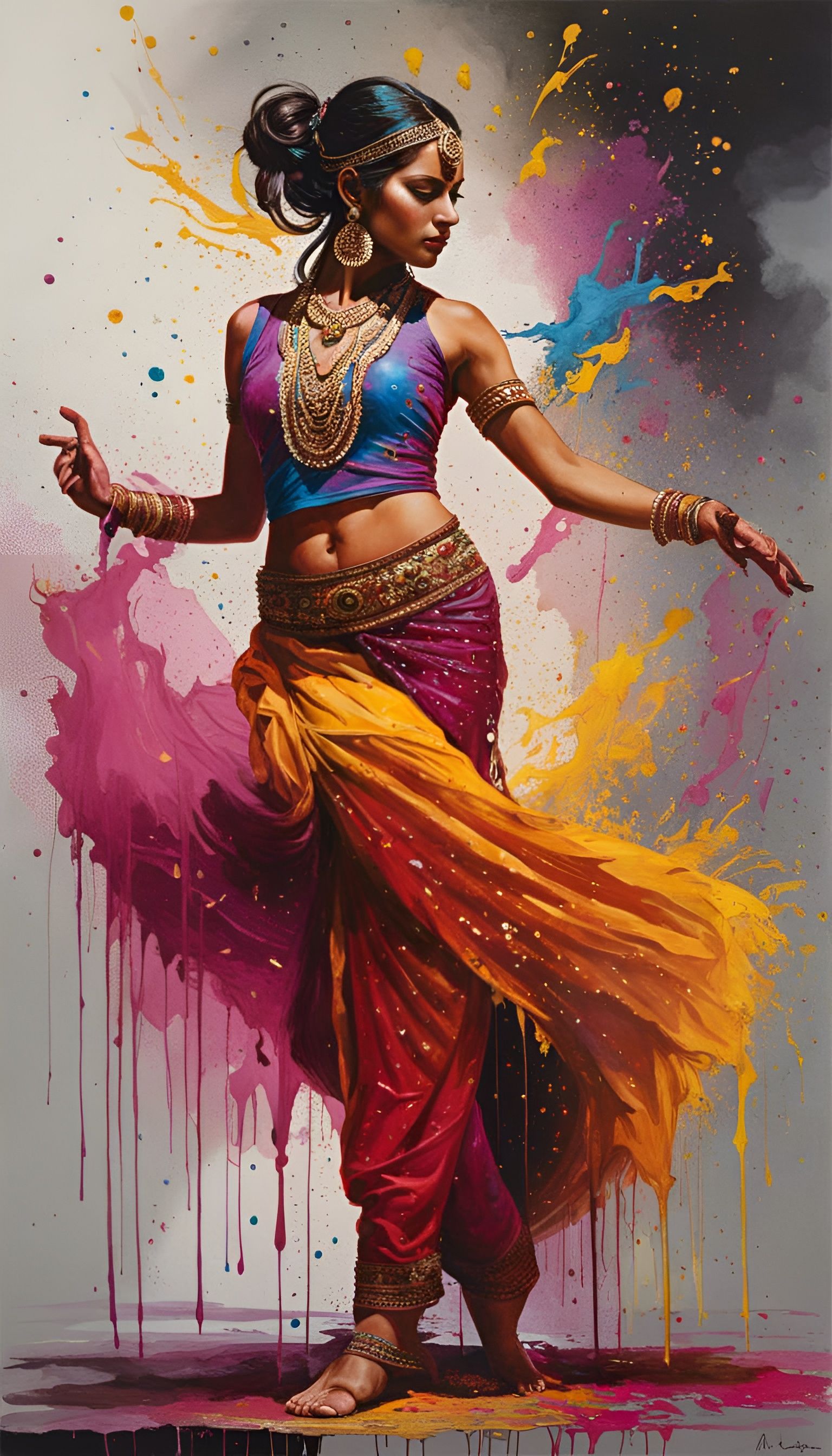 Indian Holi Dancer in Fluid Gouache Style