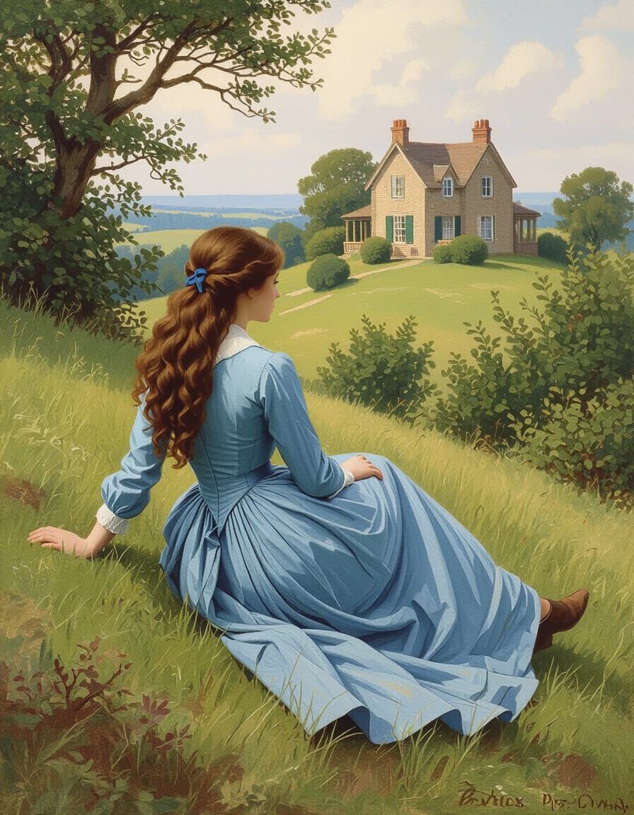 1800s Woman Gazes at Distant Home on Grassy Knoll