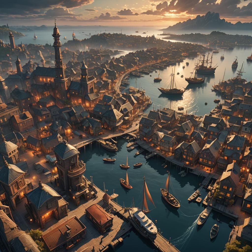 Chaotic Port City in Fantasy Landscape