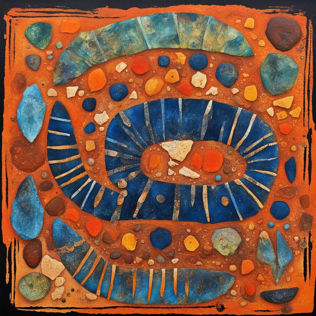 Abstract Prehistoric Artifact with Complementary Colors