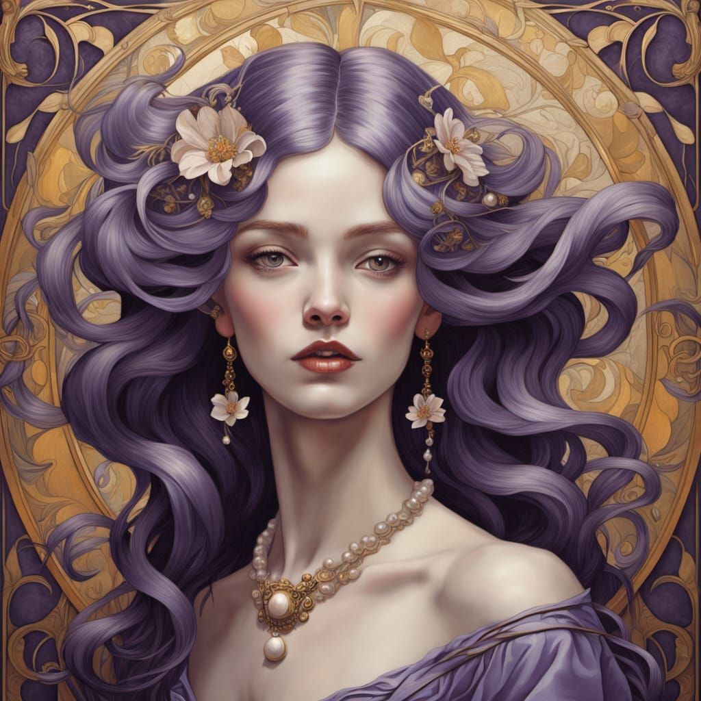 Art Nouveau Portrait of a Woman in Purple with Flowers