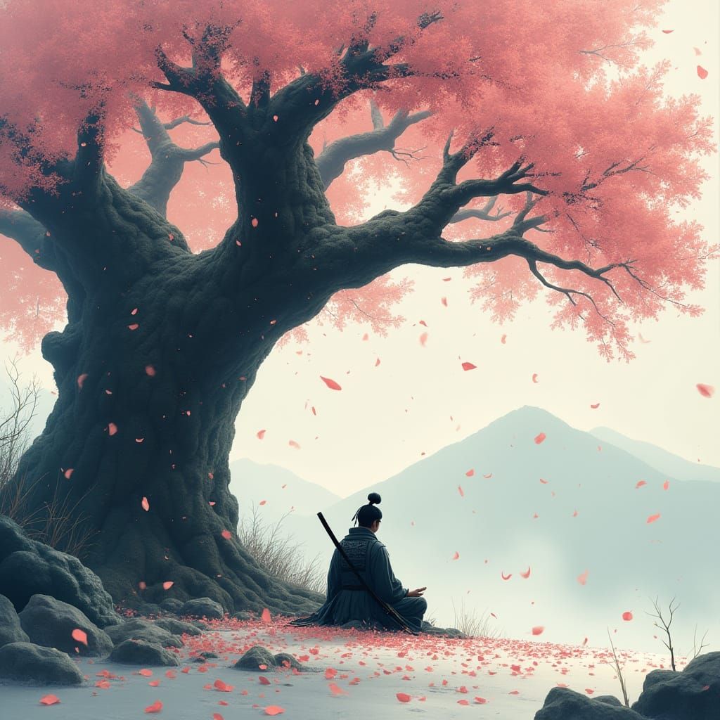 Samurai Meditating Under Cherry Blossoms in Snow