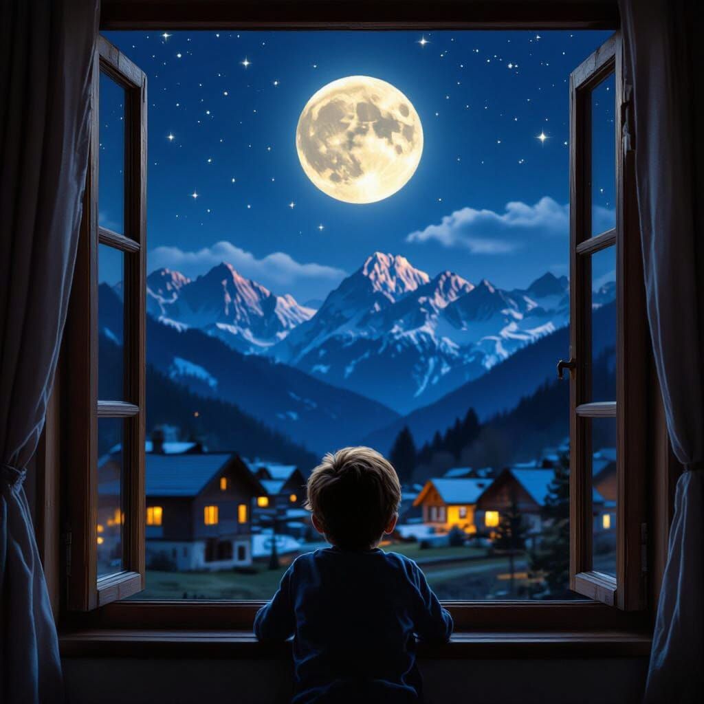 Child Gazes at Full Moon Over Glowing Mountain Village