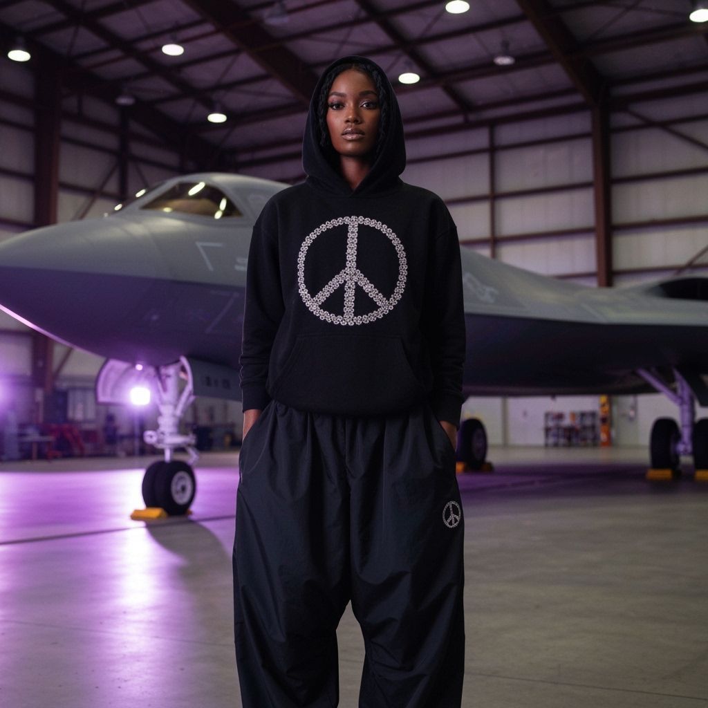Woman with Diamond Peace Symbol in Hangar, Photo Realistic S...