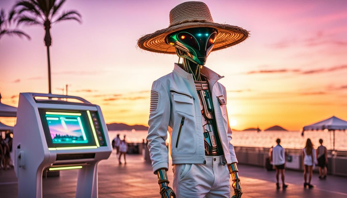 Alien Tourist on Cannes Promenade in Retro-Futuristic Style