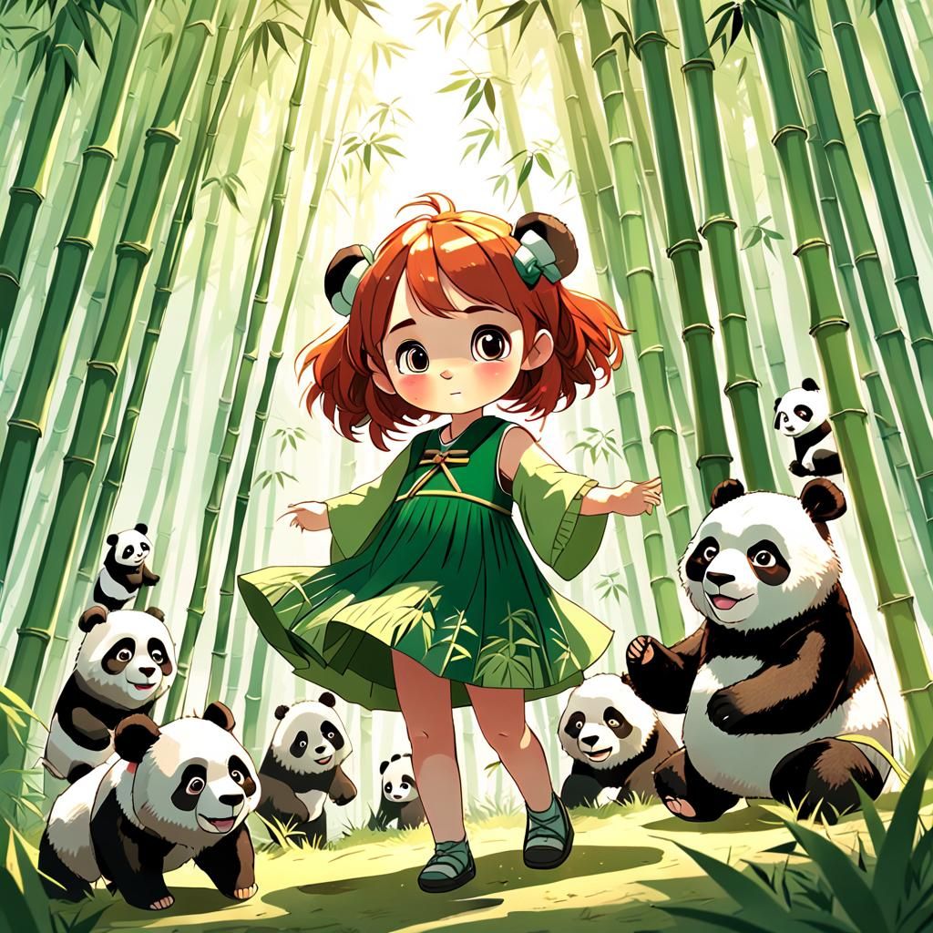 Anime Girl with Pandas in Bamboo Forest