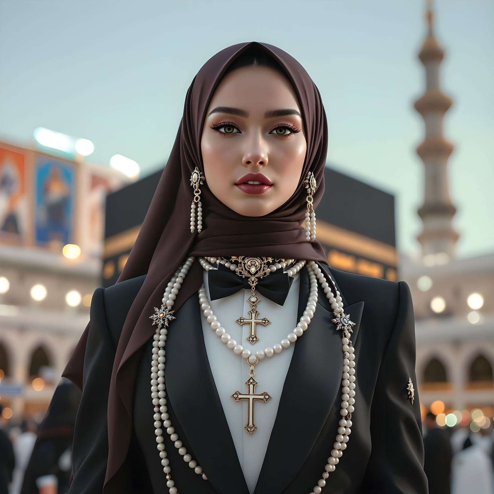 Woman in Hijab and Tuxedo at the Ka'bah