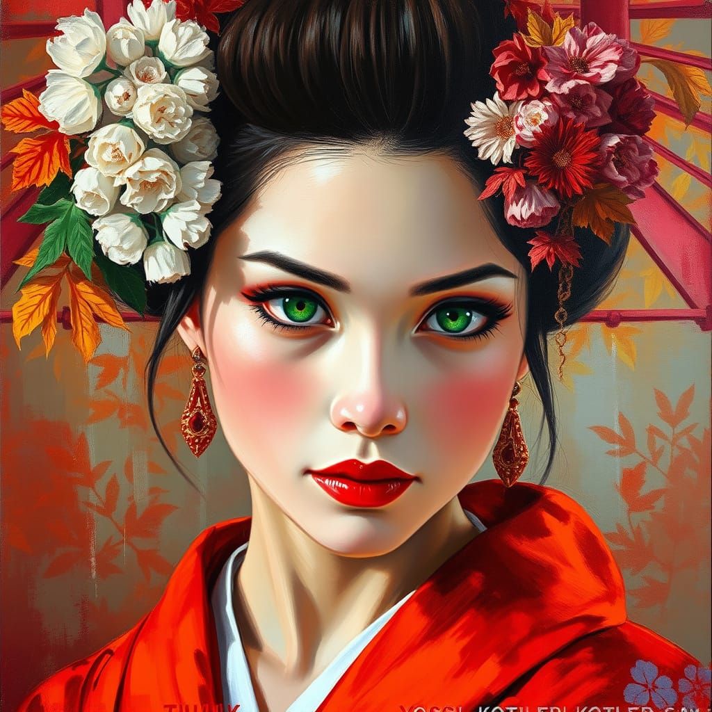 Geisha Girl in Warm Autumn Hues, Oil Painting
