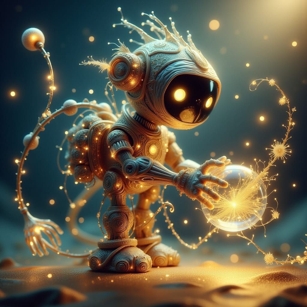 Cute Robot Holding a Fishbowl with Fairy Lights