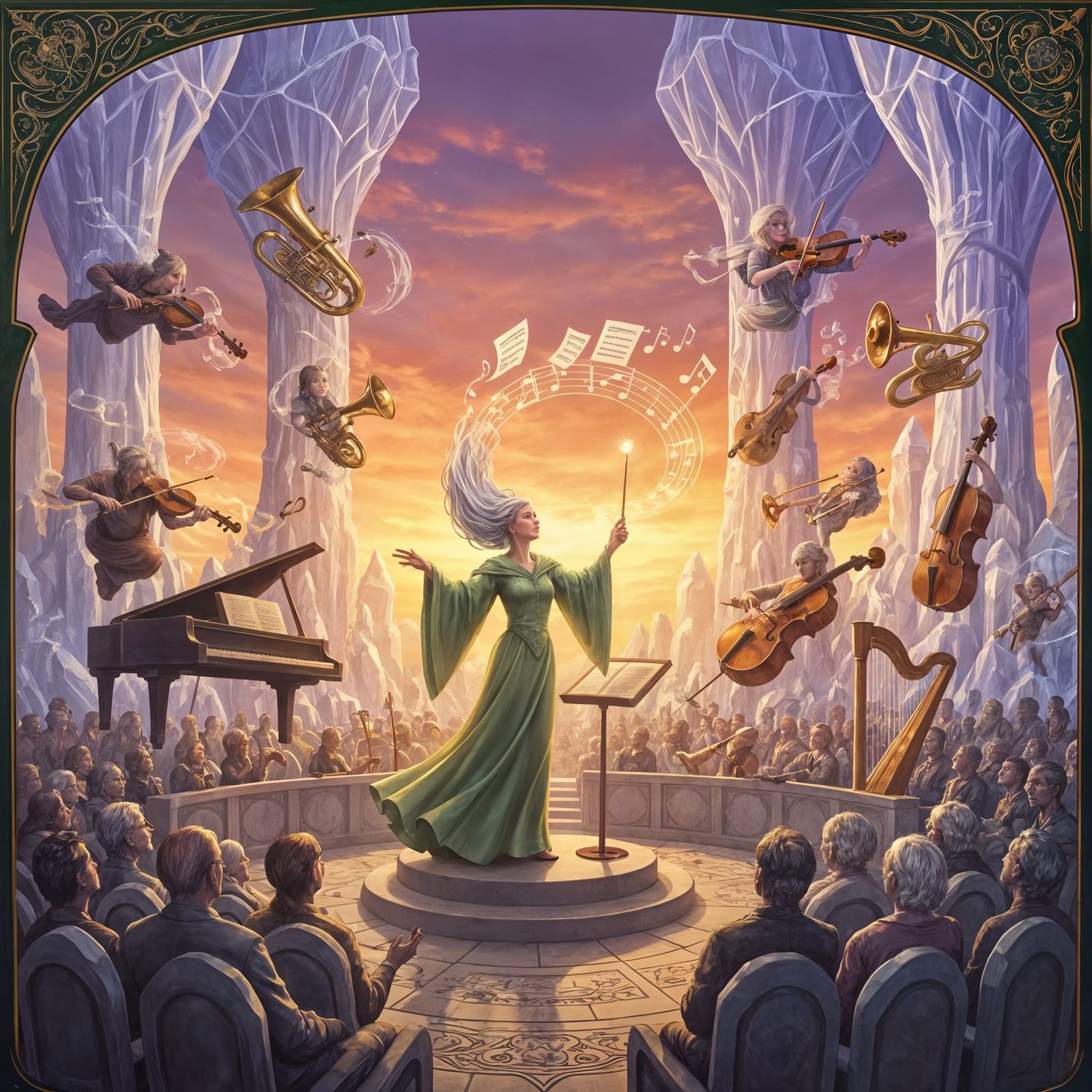 Art Nouveau Elf Conductor Leads Magical Orchestra