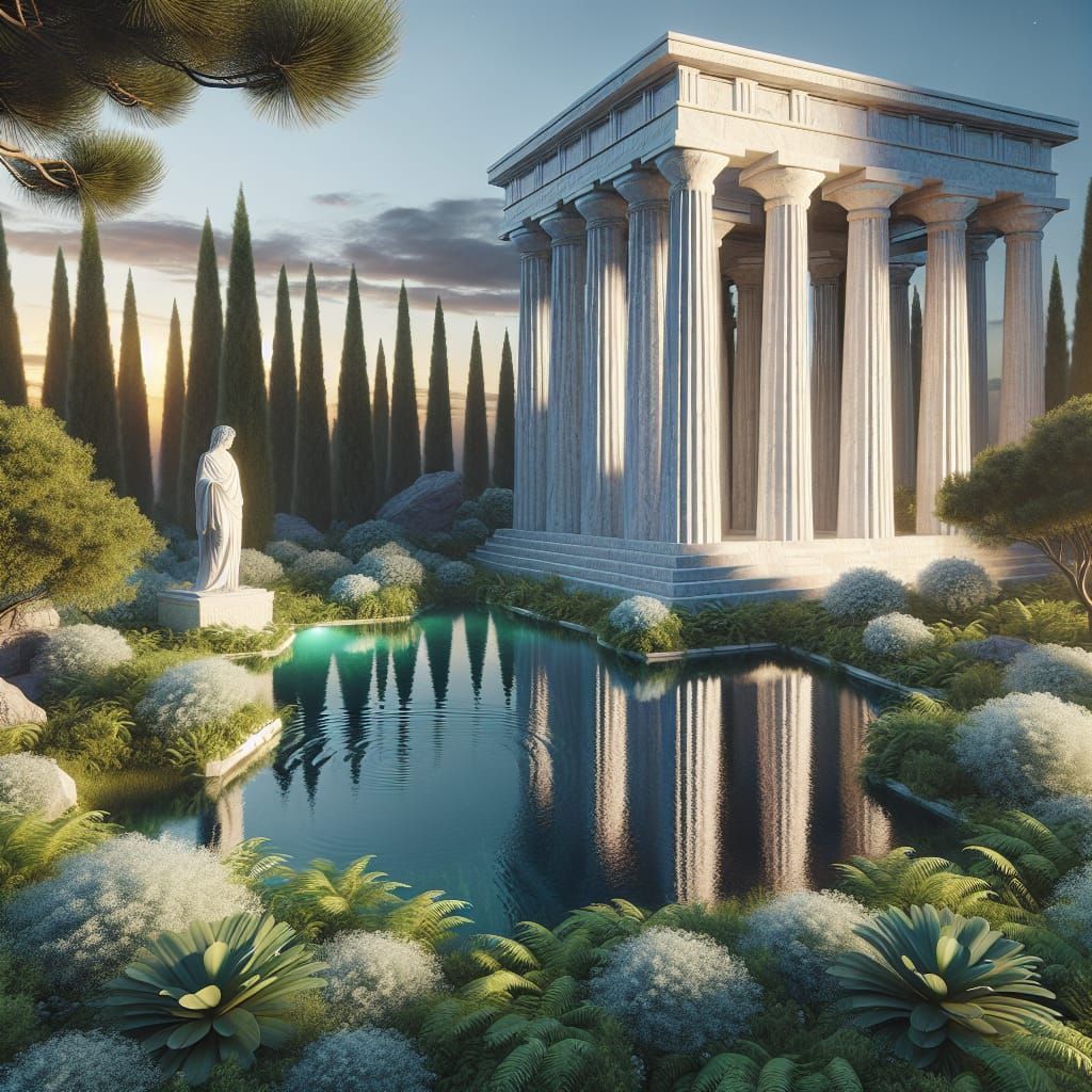 Serene Ancient Greek Temple Amidst Lush Greenery