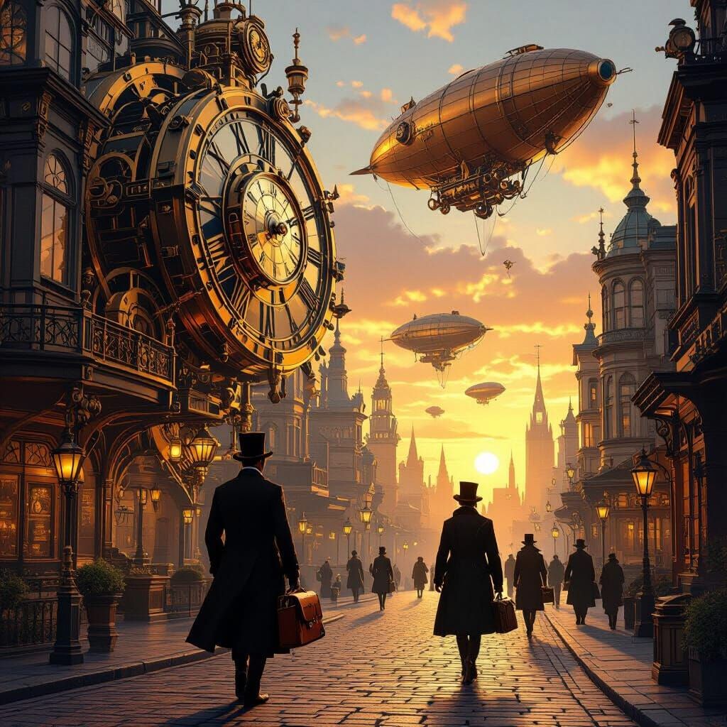 Steampunk Metropolis at Sunset with Airships