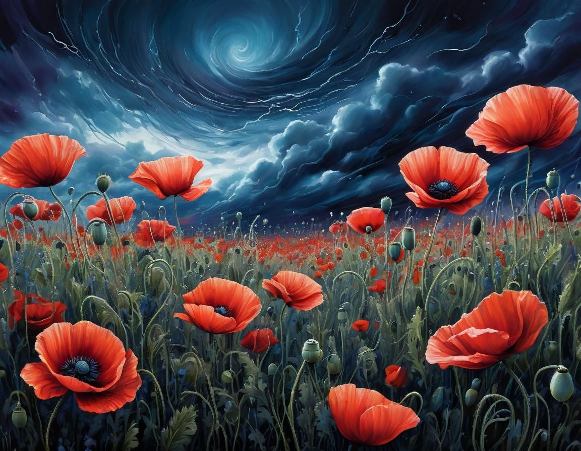 Dreamlike Stormy Night over a Swirling Poppy Field