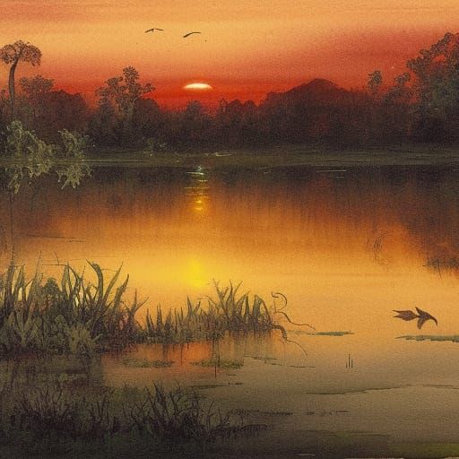 Ethereal Sunset Swamp: Watercolor Painting