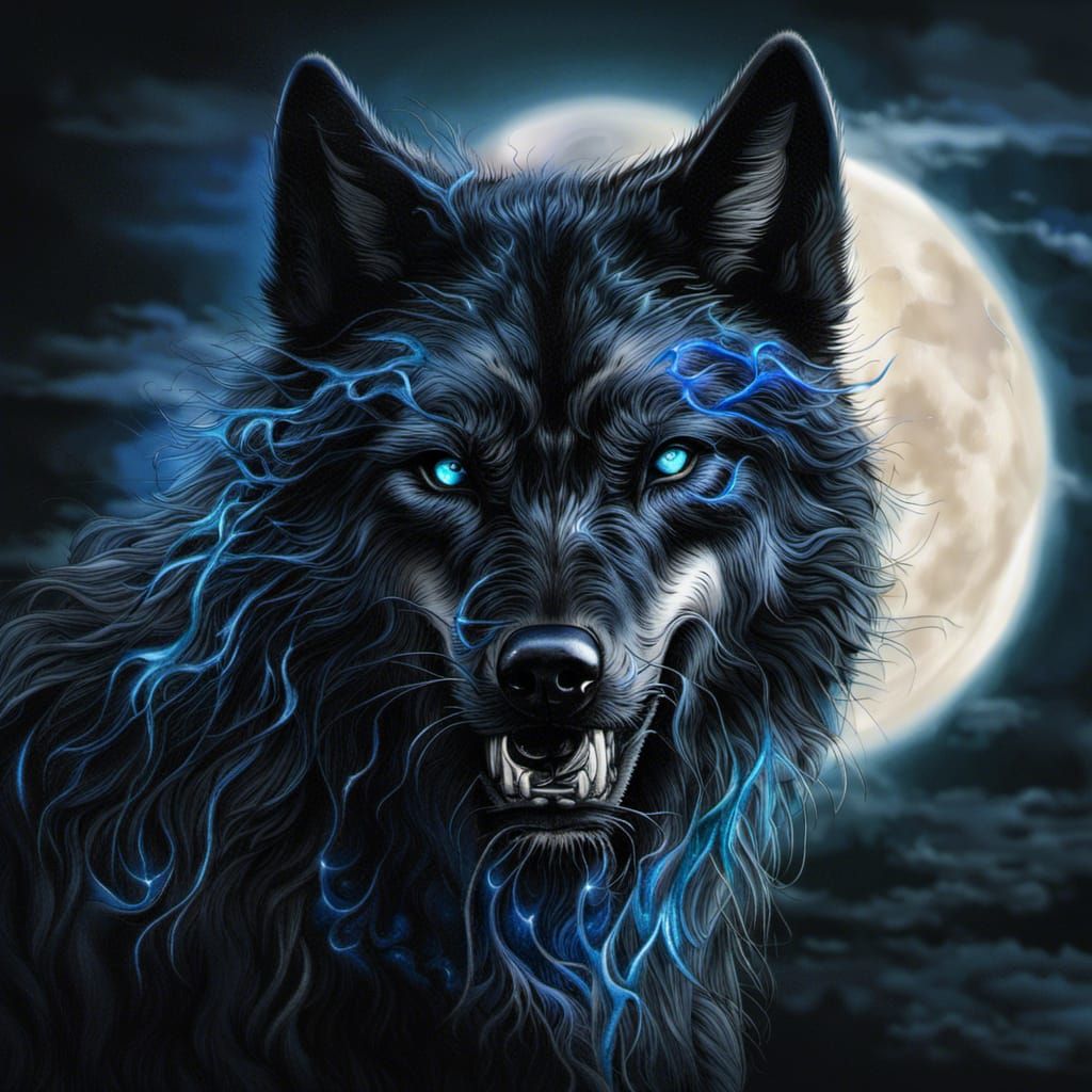 Menacing Black Wolf Snarls Under a Supernatural Moon