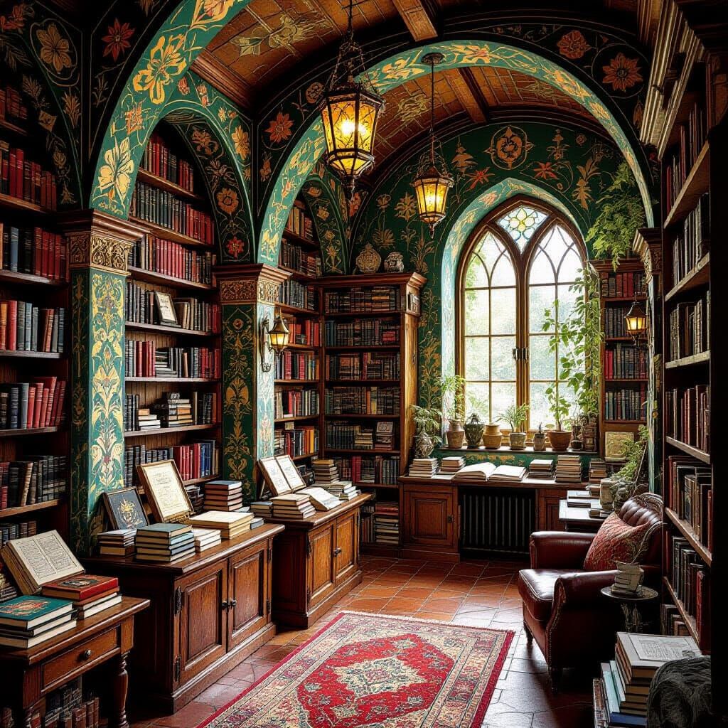 Mystical Bookstore Between Worlds in Folk Art Style