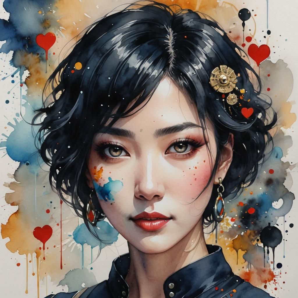 A_girl_named_KEY. Watercolor Round FACE, bright cheeks, shor...