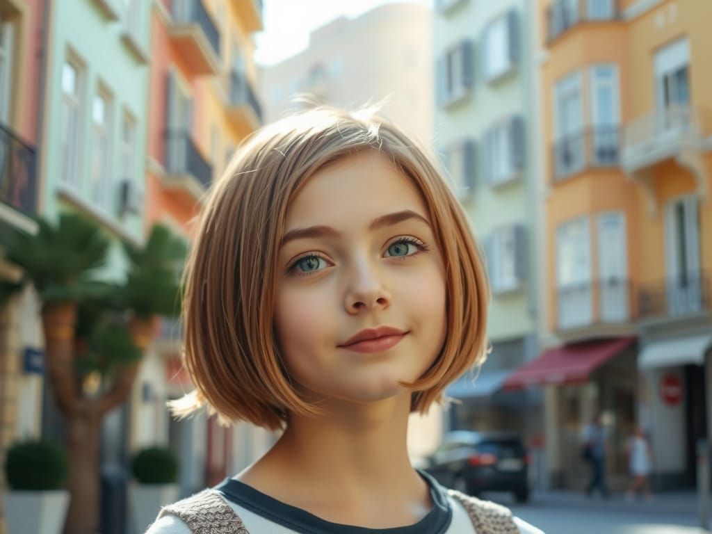 Girl with Bob Haircut on Sunlit Urban Street