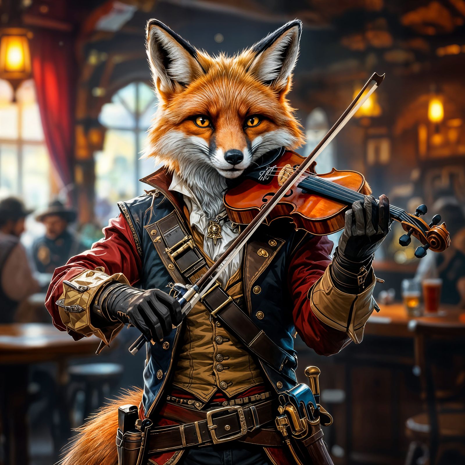 Fox Swashbuckler Plays Violin in Tavern: Hyperrealistic Spla...