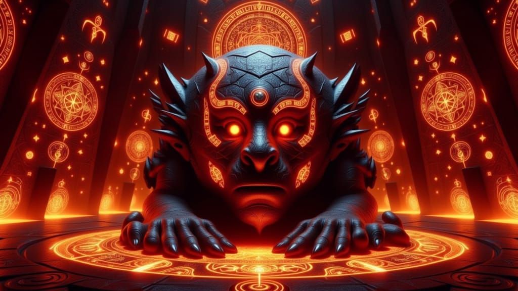 Massive Floating Head with Glowing Eyes and Mystical Symbols