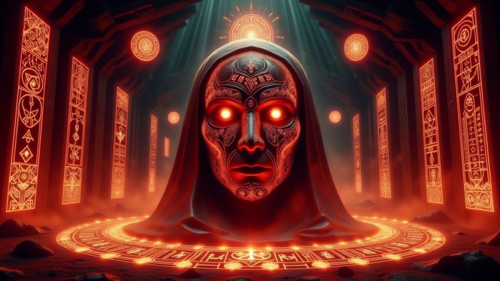 Massive Floating Head with Glowing Eyes and Mystical Symbols