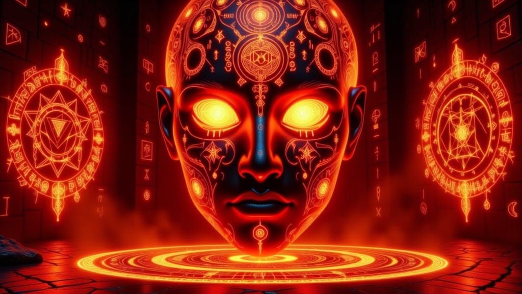 Massive Floating Head with Glowing Eyes and Mystical Symbols