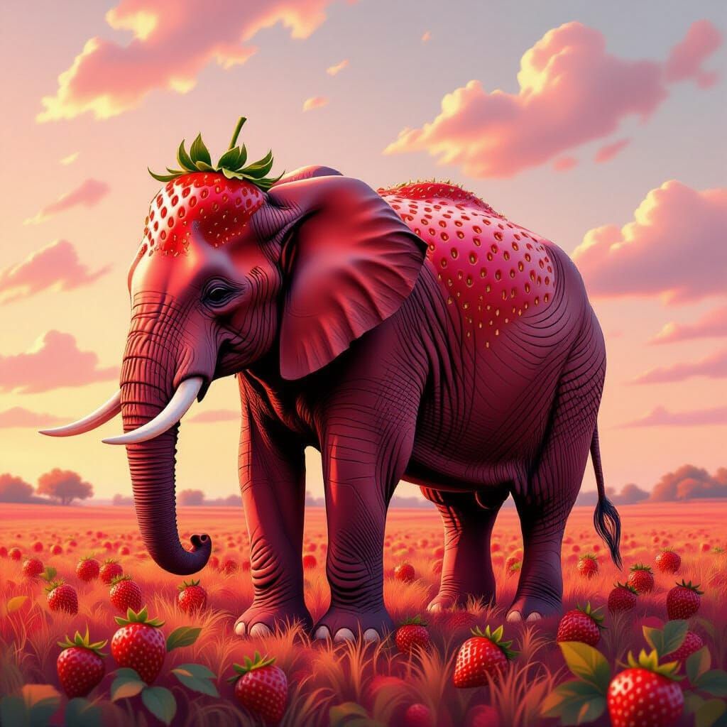 Surreal Strawberry Elephant in Pastel Dawn Light