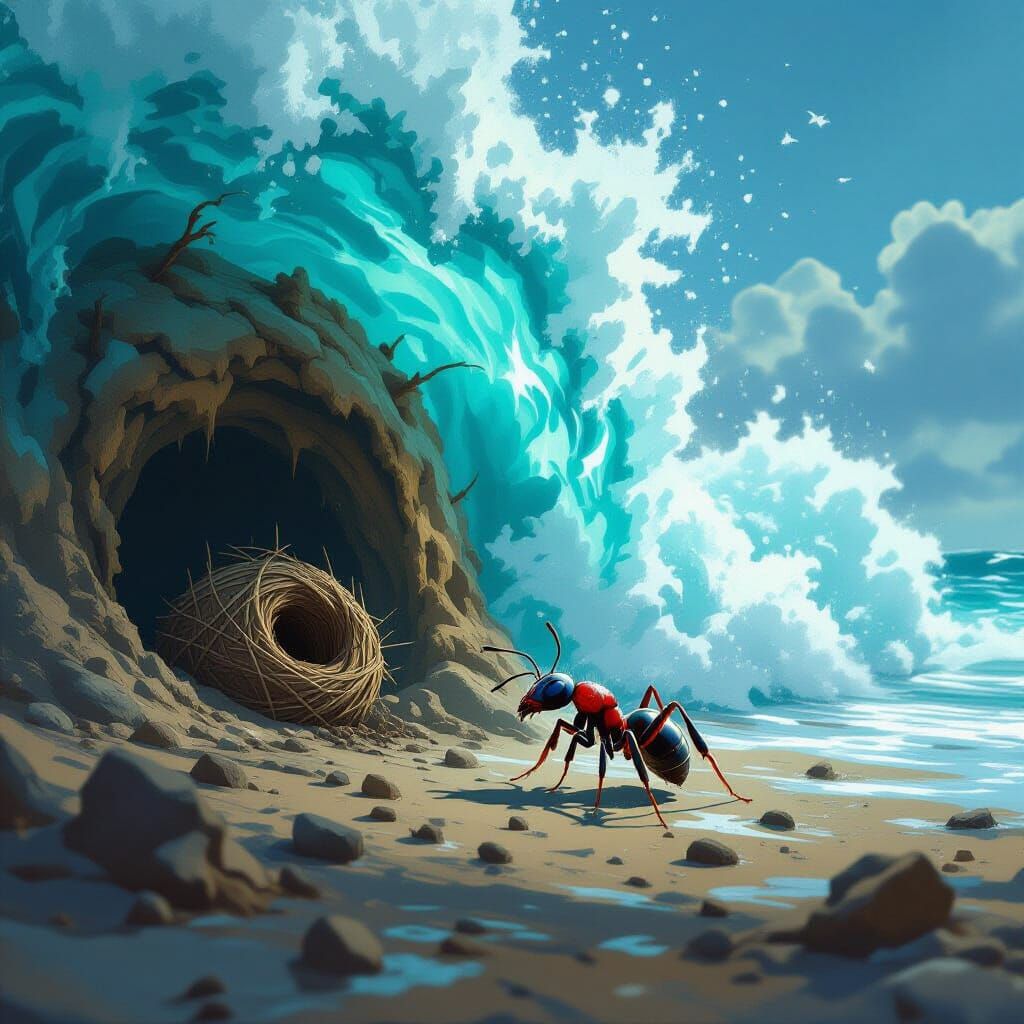 Ant's Perilous Escape from Approaching Deluge