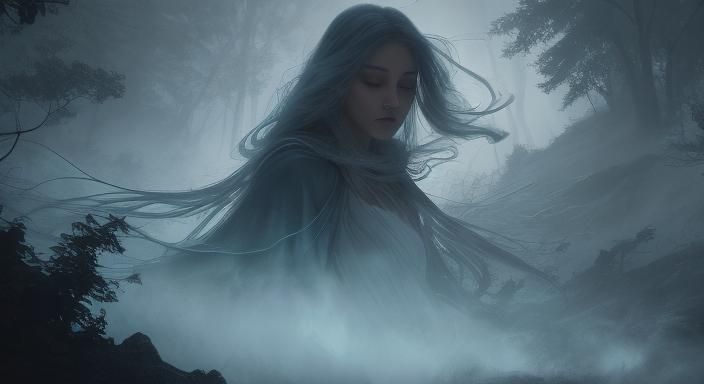 Ethereal Cliffside Figure Overlooking Mystical Forest