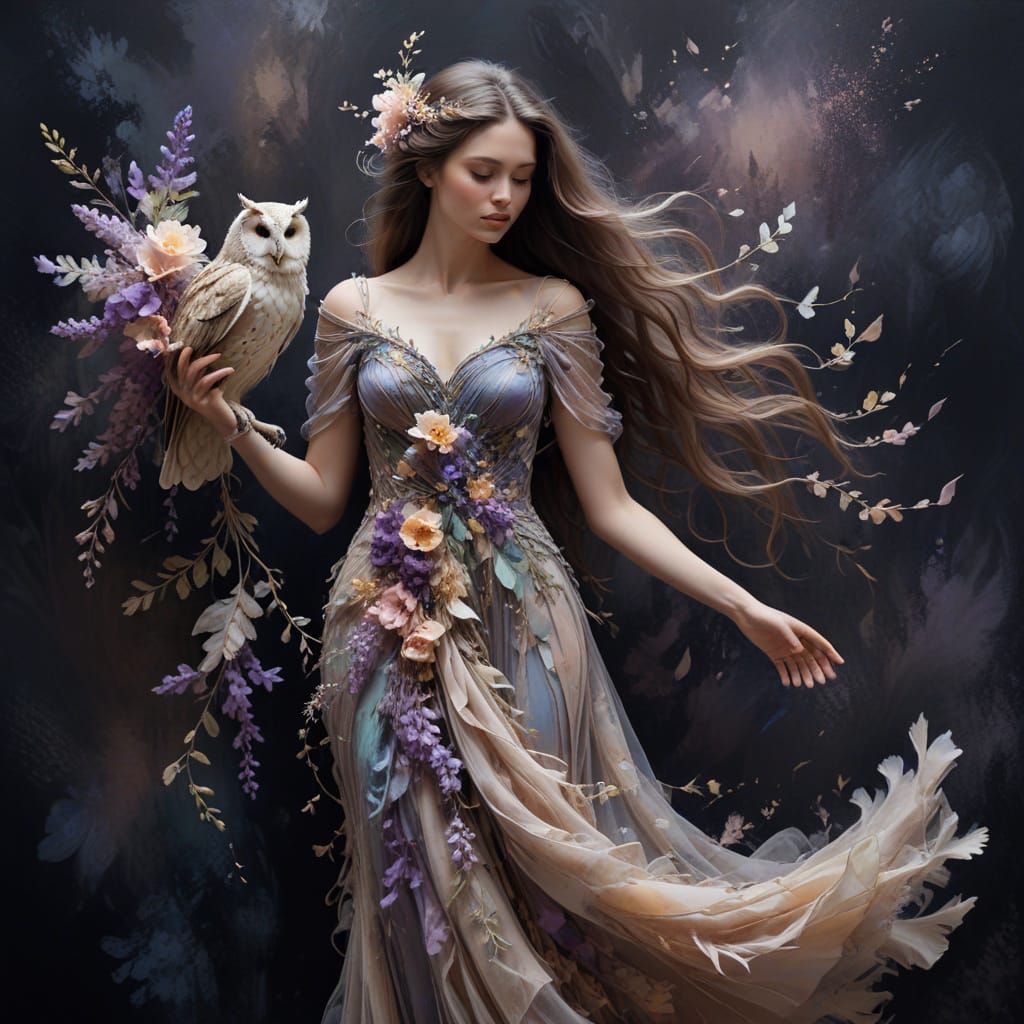 Floral Gown Silhouette with Owl in Abstractionism Style