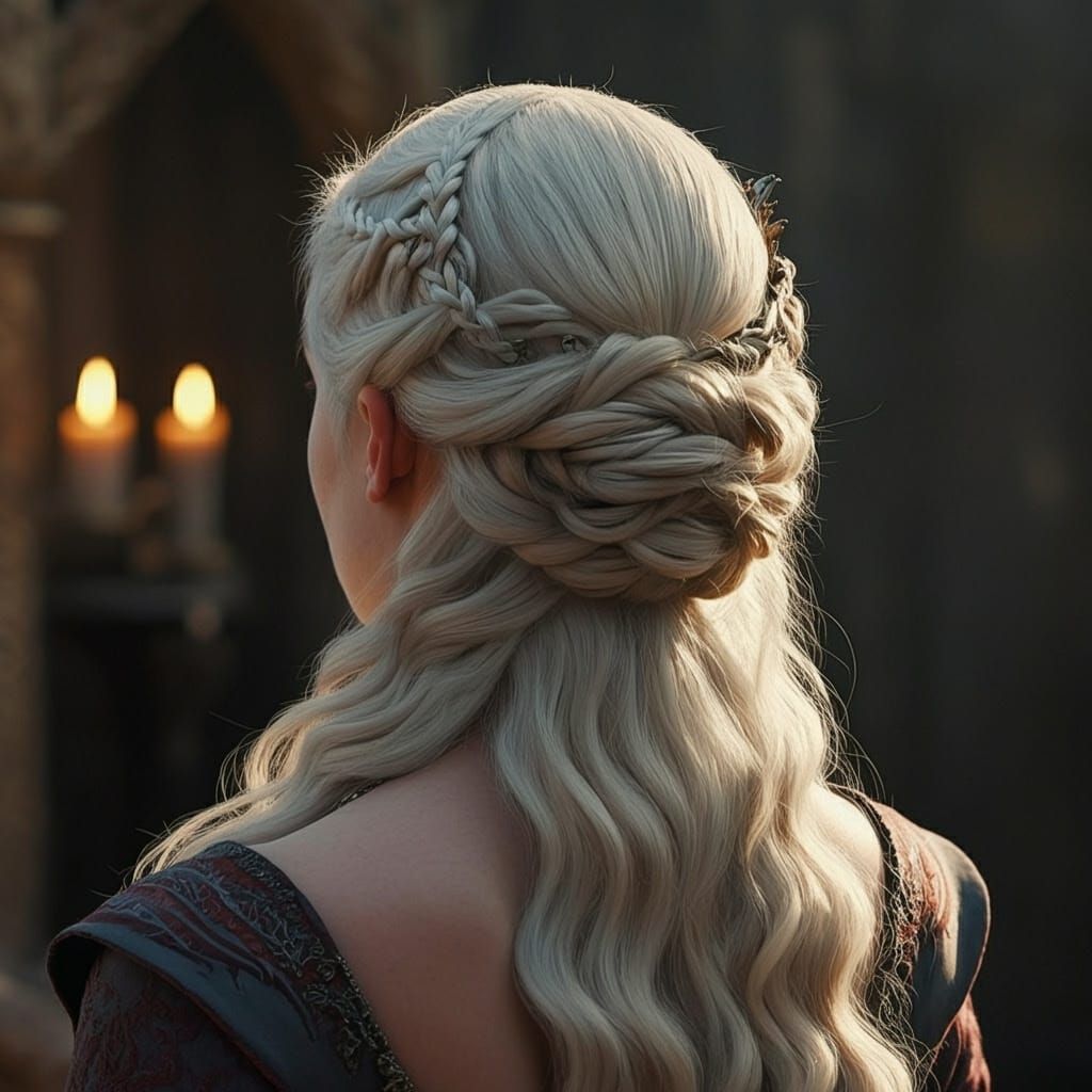 Medieval Queen's Regal Silver-Blonde Updo in Warm Golden Lig...