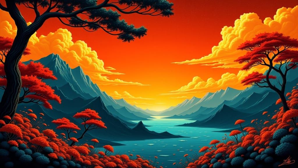 Vibrant Ukiyo-e Landscape with Gold Accents