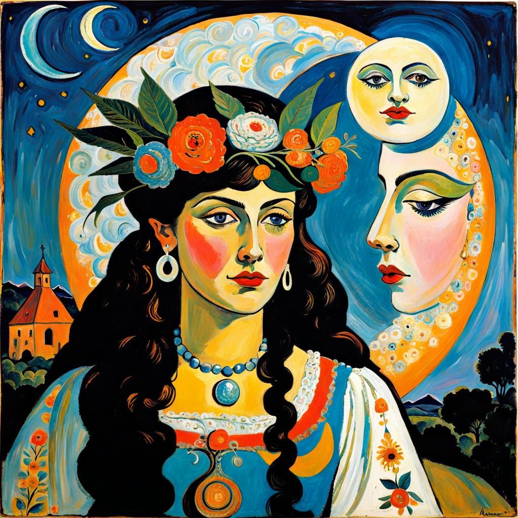 Mystical Moon Goddess in Art Brut Style