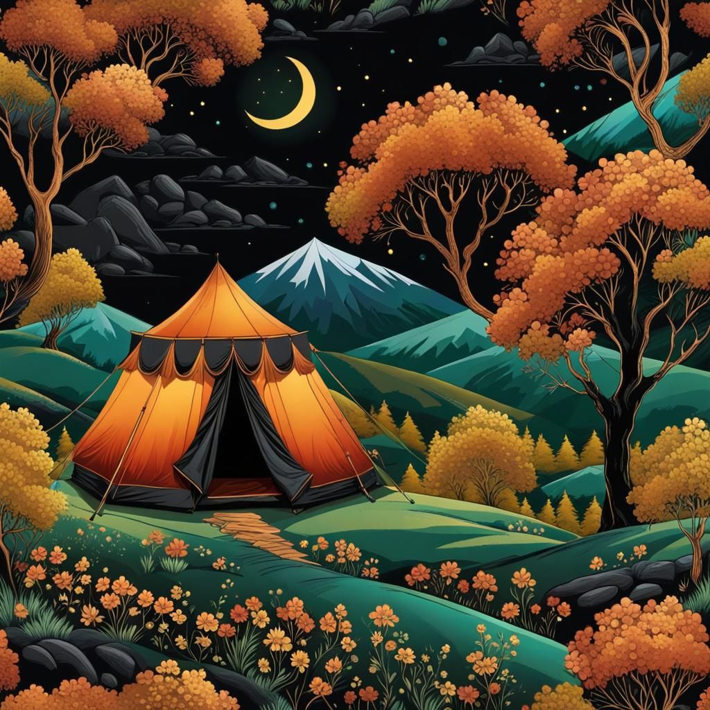 Camping Scene in Palekh Style with Golden Trees