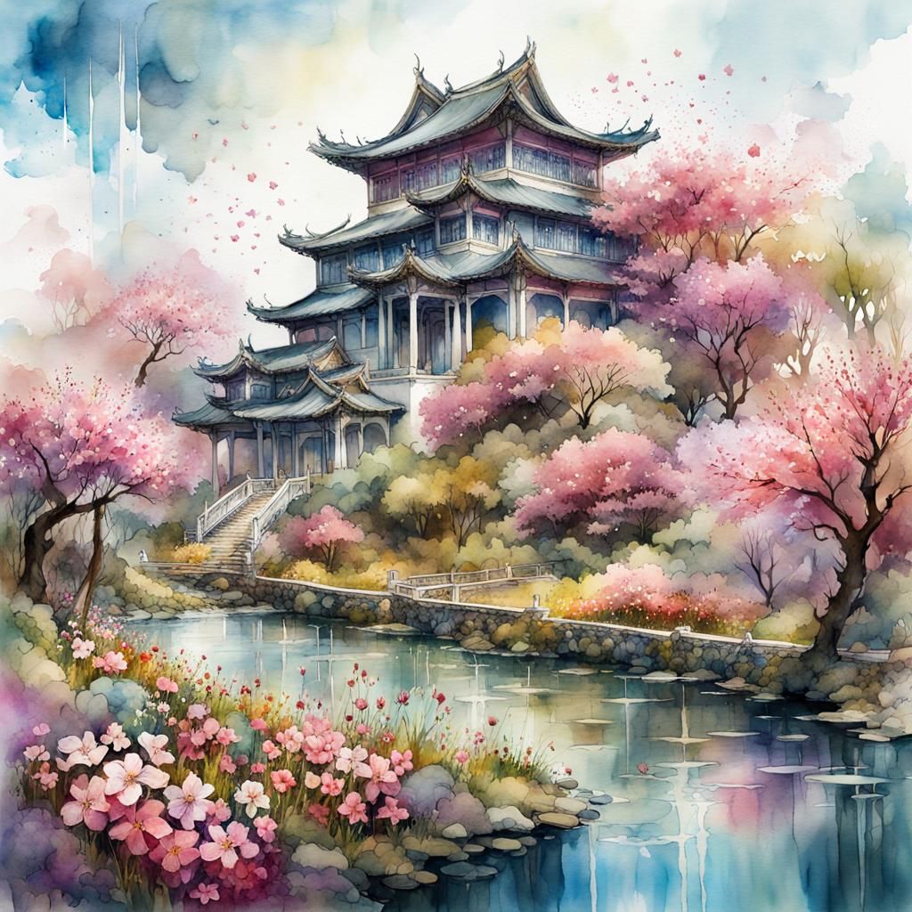 Flower Meadow Fantasy Chinese Palace in Watercolor