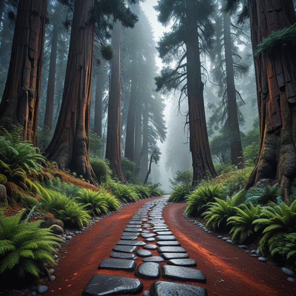 Surreal Redwood Forest in Vibrant Hyperrealism