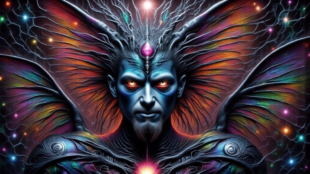 Fractal Faced Man with Wings and Rainbow Tattoos